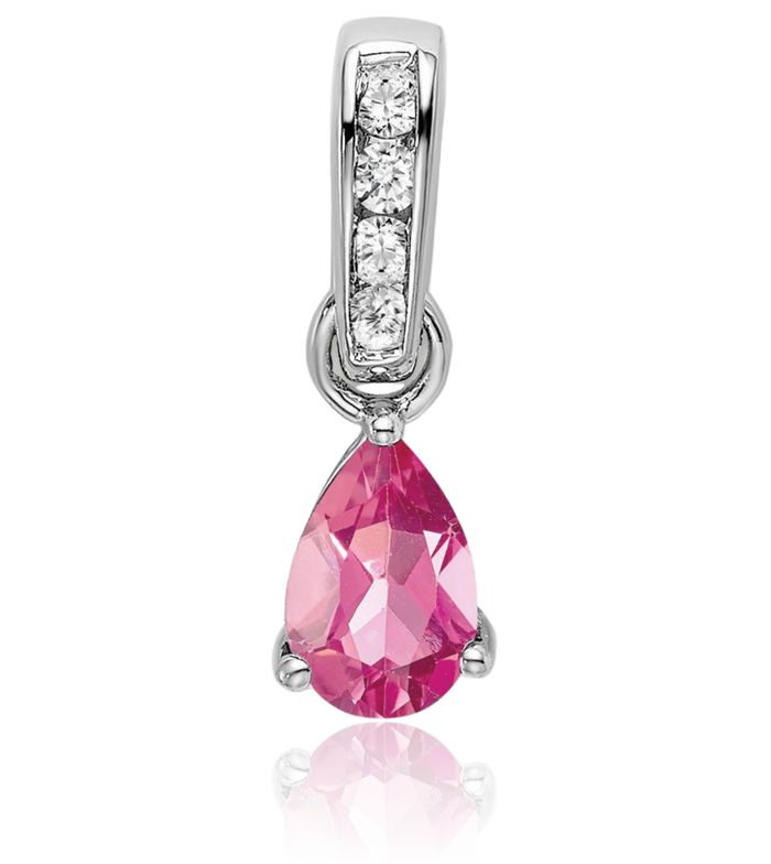 14K Solid White Gold Pear Pink Tourmaline Diamond Necklace Gemstone Pendant Charm April October Birthstone Jewelry