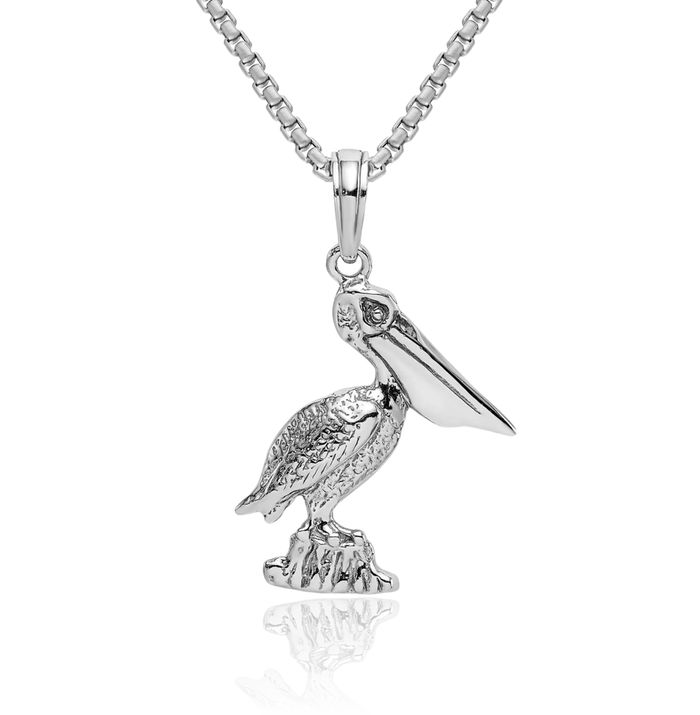 14K Solid White Gold Pelican Symbol of Focus Persistence Bird Necklace Chain Pendant Charm