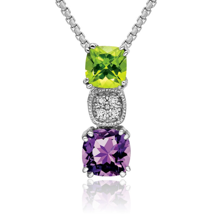 14K Solid White Gold Green Peridot Purple Amethyst Diamond Floating Chain Slide Gemstone Pendant Necklace Charm