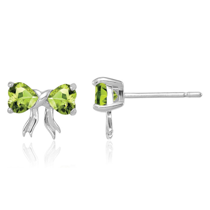 14K Solid White Gold Green Peridot Bow Heart Stud Earrings August Birthstone Jewelry