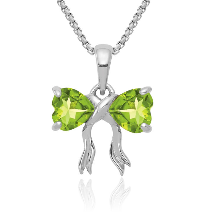 14K Solid White Gold Green Peridot Bow Necklace Heart Gemstone Pendant Charm August Birthstone Jewelry