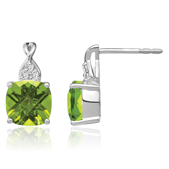 14K Solid White Gold Green Peridot Diamond Drop Dangle Earrings Gemstone Post Push Back August Birthstone Jewelry