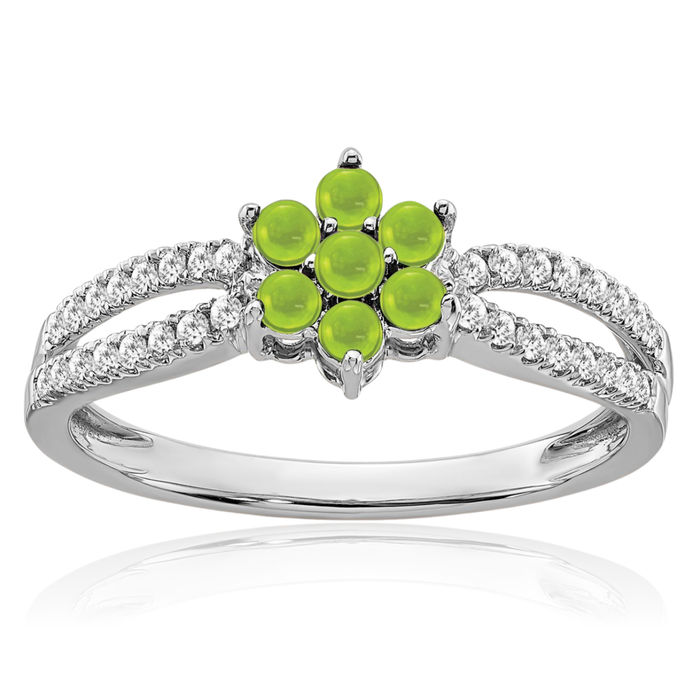 14K Solid White Gold Green Peridot Diamond Flower Ring Gemstone Band August Birthstone Jewelry