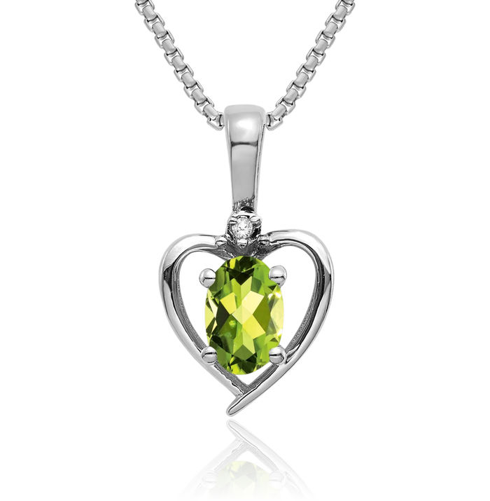 14K Solid White Gold Green Peridot Diamond Heart Necklace Gemstone Pendant Charm April August Birthstone Jewelry