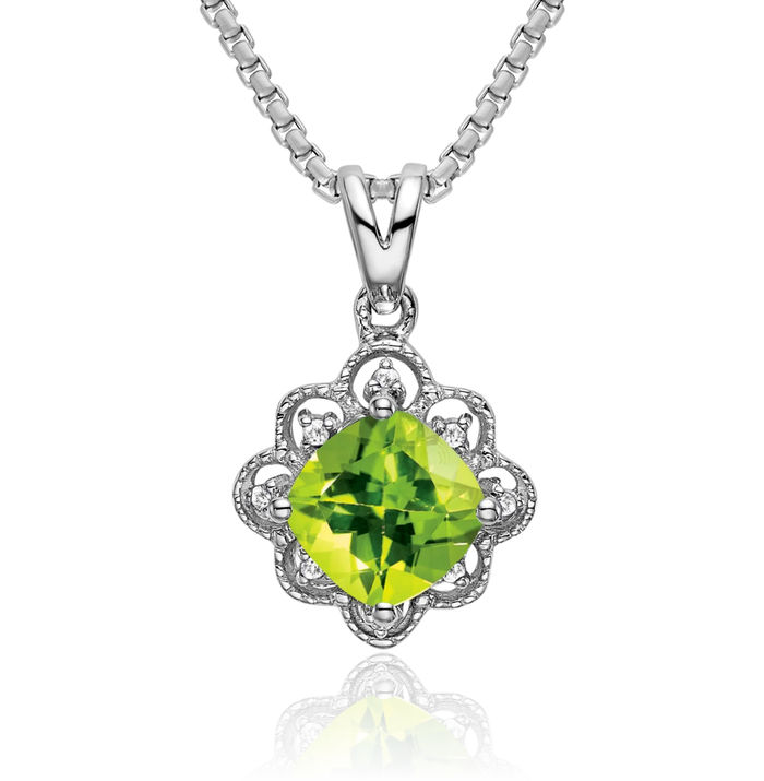 14K Solid White Gold Green Peridot Diamond Necklace Charm Gemstone Pendant