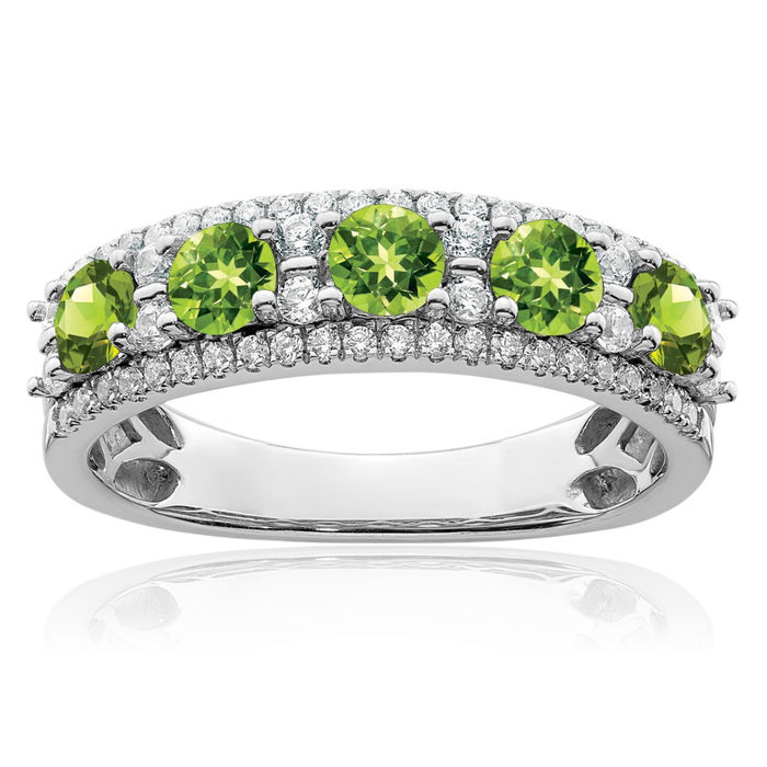 14K Solid White Gold Green Peridot Diamond Ring Gemstone Band August Birthstone Jewelry