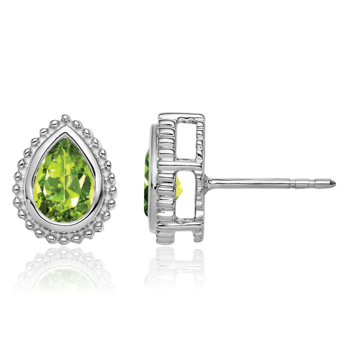 14K Solid White Gold Green Peridot Studs Pear Teardrop Gemstone Earrings August Birthstone Jewelry