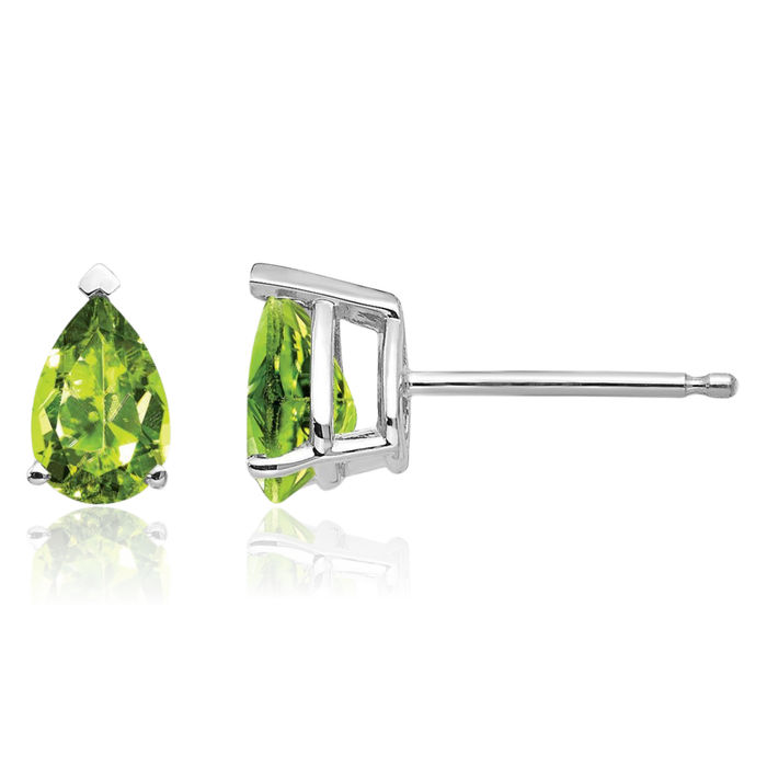 14K Solid White Gold Green Peridot Studs Pear Teardrop Gemstone Solitaire Earrings August Birthstone Jewelry