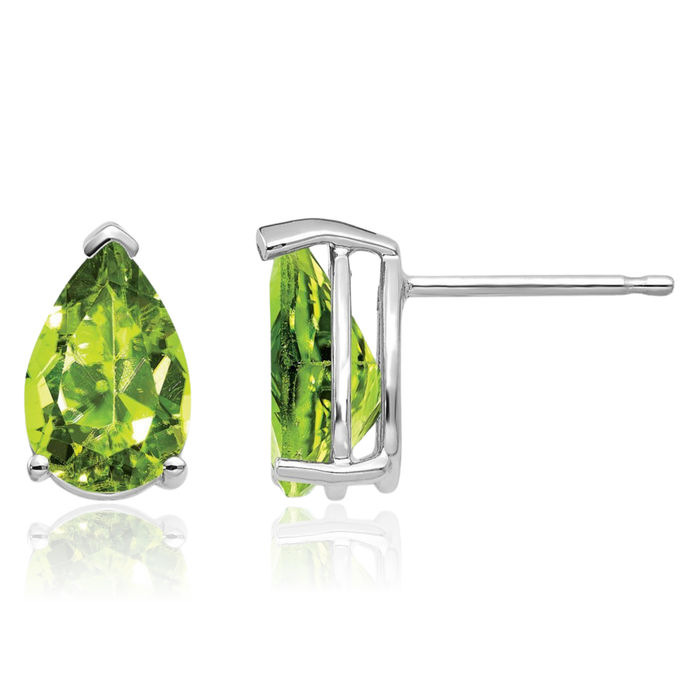 14K Solid White Gold Green Peridot Studs Pear Teardrop Gemstone Solitaire Earrings August Birthstone Jewelry