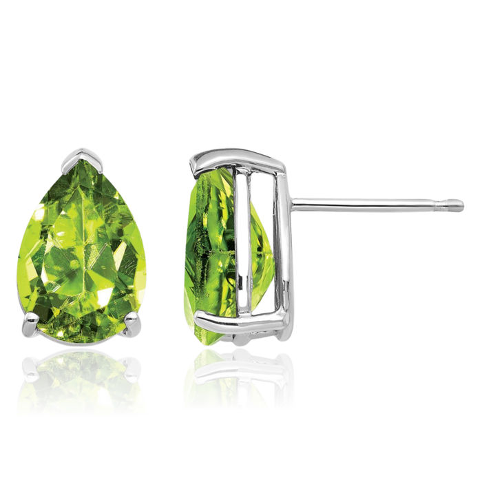 14K Solid White Gold Green Peridot Studs Pear Teardrop Gemstone Solitaire Earrings August Birthstone Jewelry