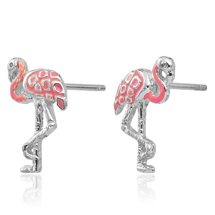 14K Solid White Gold Pink Flamingo Studs Summer Beach Earrings Tropical Bird Jewelry