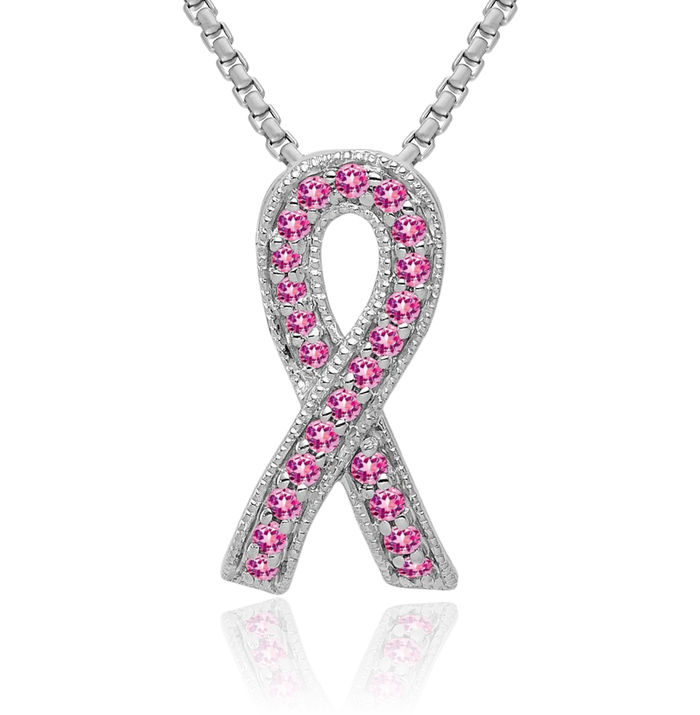 14K Solid White Gold Pink Sapphire Breast Cancer Awareness Ribbon Necklace Gemstone Pendant Charm