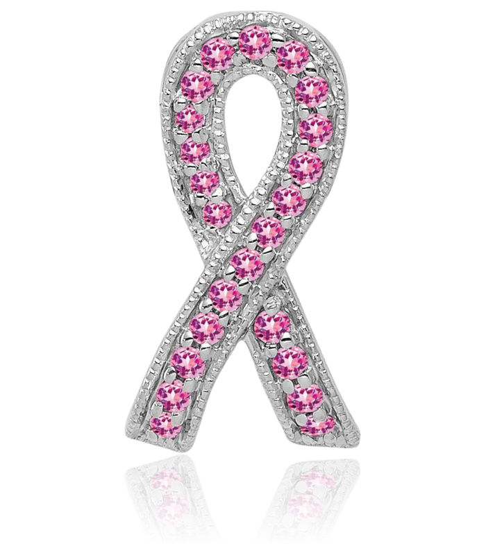 14K Solid White Gold Pink Sapphire Breast Cancer Awareness Ribbon Necklace Gemstone Pendant Charm
