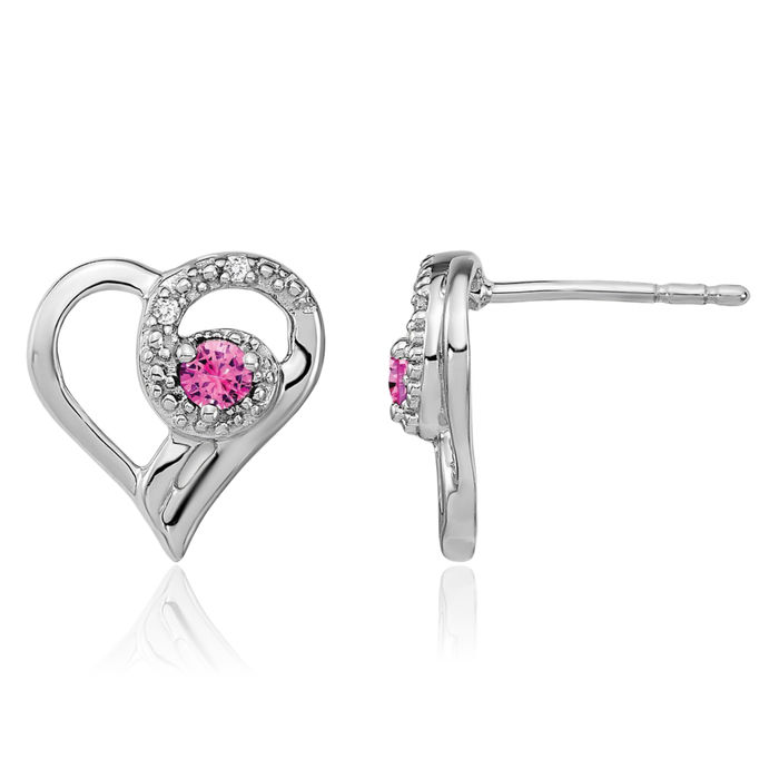 14K Solid White Gold Pink Sapphire Diamond Heart Stud Earrings October Birthstone Jewelry