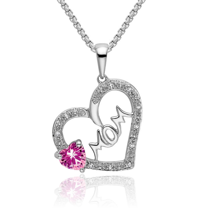 14K Solid White Gold Pink Sapphire Diamond Mom Heart Necklace Mama Charm Gemstone Mother Pendant