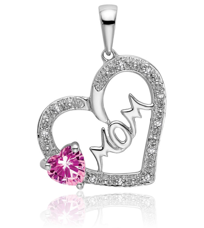 14K Solid White Gold Pink Sapphire Diamond Mom Heart Necklace Mama Charm Gemstone Mother Pendant