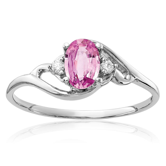 14K Solid White Gold Pink Sapphire Diamond Ring Gemstone Band October Birthstone Jewelry