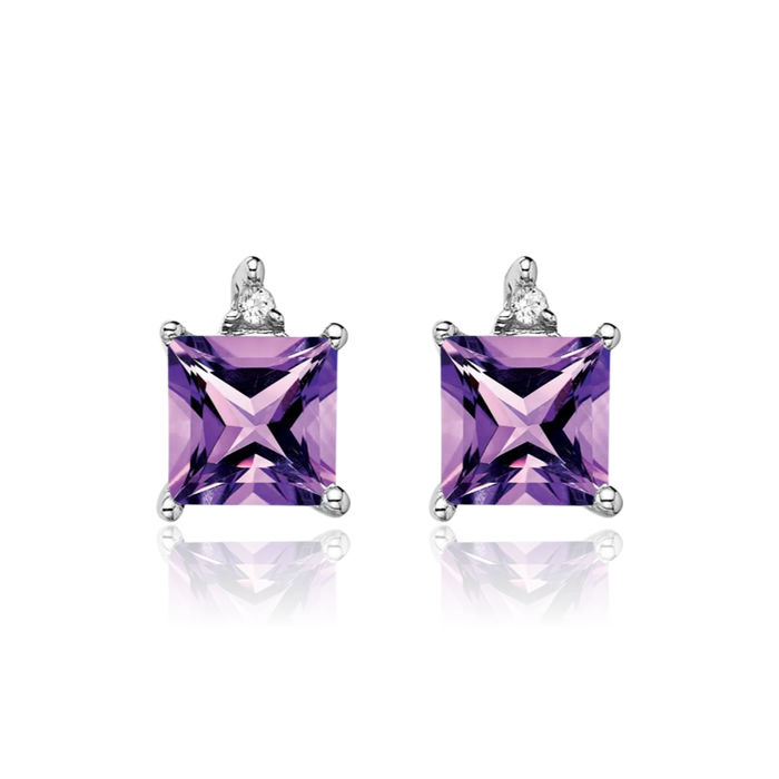 14K Solid White Gold Princess-Cut Square Purple Amethyst Diamond Stud Earrings February Birthstone Jewelry