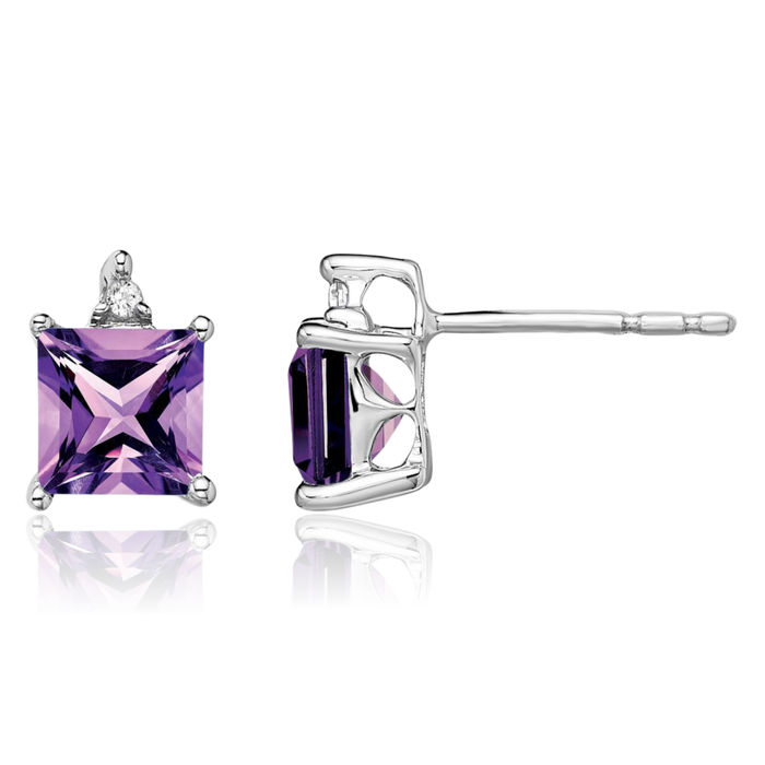 14K Solid White Gold Princess-Cut Square Purple Amethyst Diamond Stud Earrings February Birthstone Jewelry