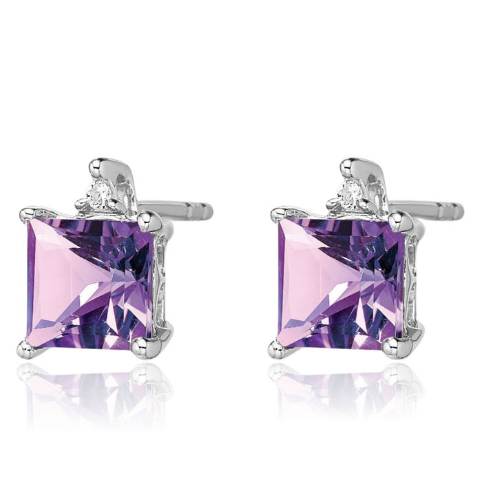 14K Solid White Gold Princess-Cut Square Purple Amethyst Diamond Stud Earrings February Birthstone Jewelry