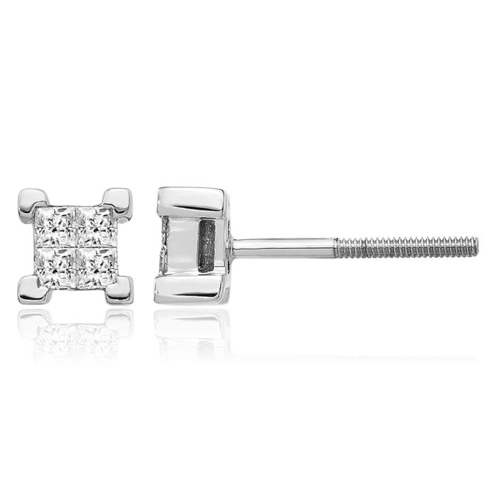 14K Solid White Gold Princess-Cut Square Diamond Screw Back Stud Earrings