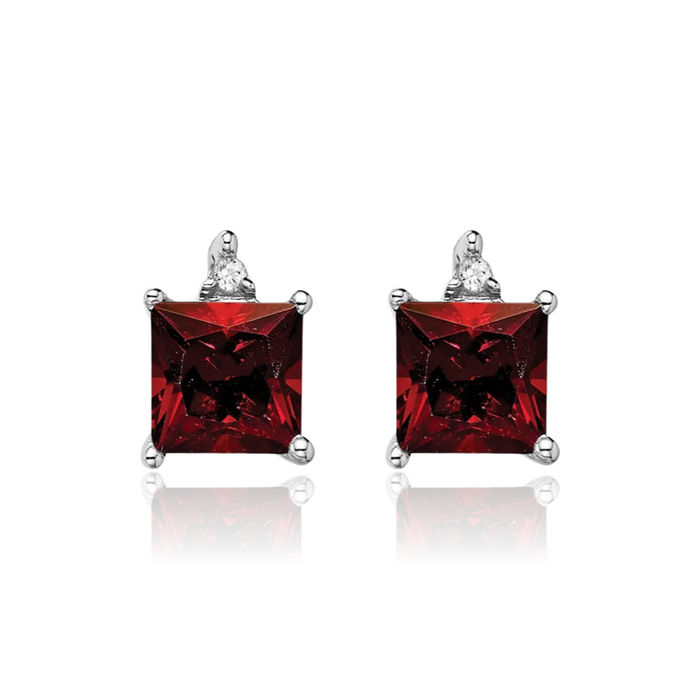 14K Solid White Gold Princess-Cut Square Red Garnet Diamond Studs Gemstone Earrings January Birthstone Jewelry