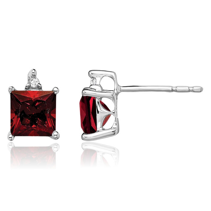 14K Solid White Gold Princess-Cut Square Red Garnet Diamond Studs Gemstone Earrings January Birthstone Jewelry