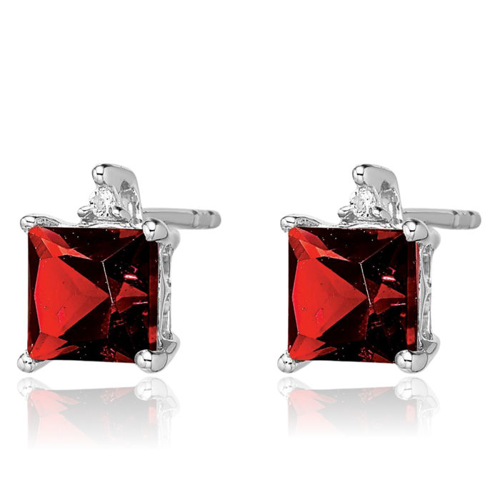 14K Solid White Gold Princess-Cut Square Red Garnet Diamond Studs Gemstone Earrings January Birthstone Jewelry