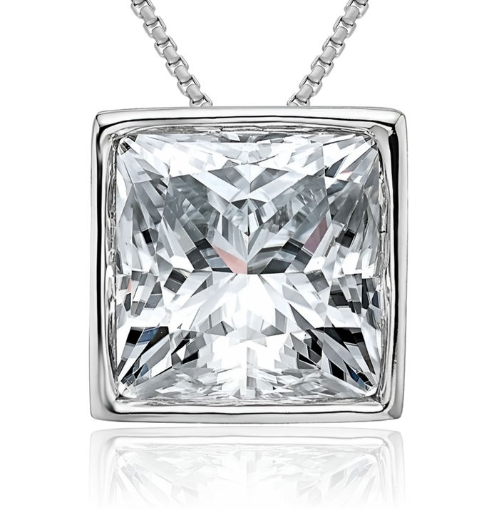 14K Solid White Gold Princess-Cut Square Moissanite Floating Chain Slide Pendant Necklace Charm