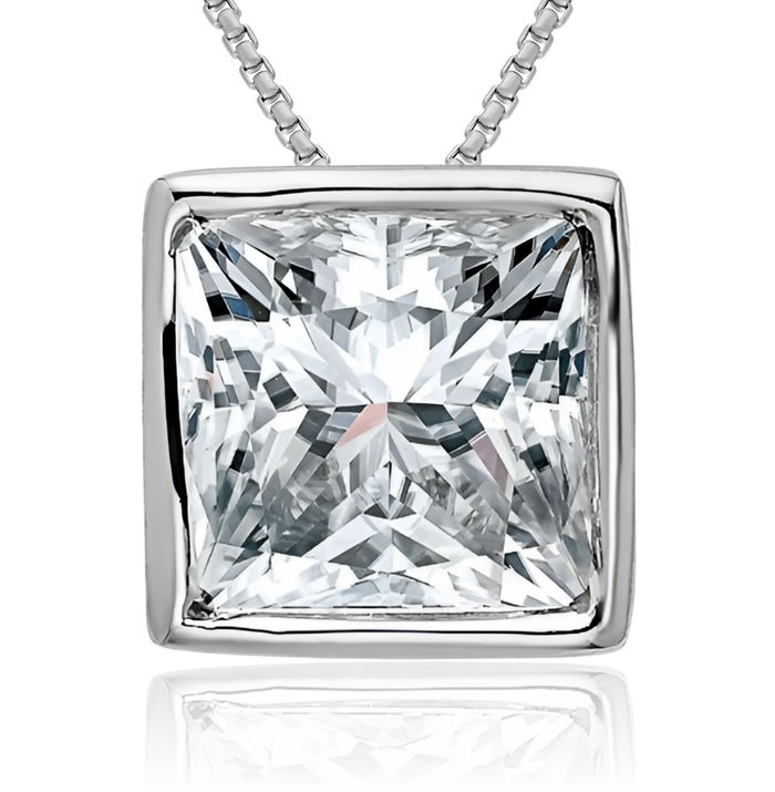 14K Solid White Gold Princess-Cut Square Moissanite Floating Chain Slide Pendant Necklace Charm