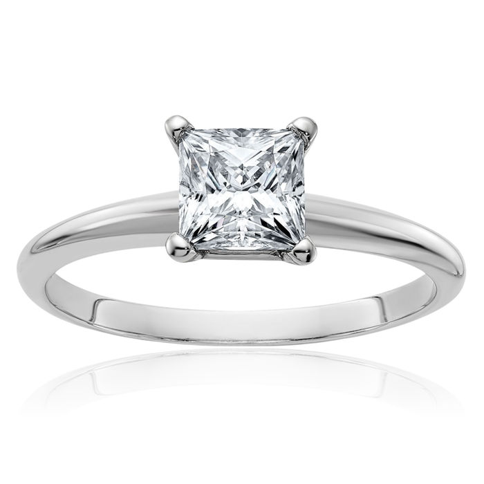 14K Solid White Gold Princess-Cut Square Moissanite Solitaire Engagement Ring