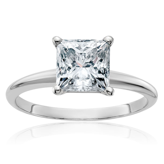 14K Solid White Gold Princess-Cut Square Moissanite Solitaire Engagement Ring