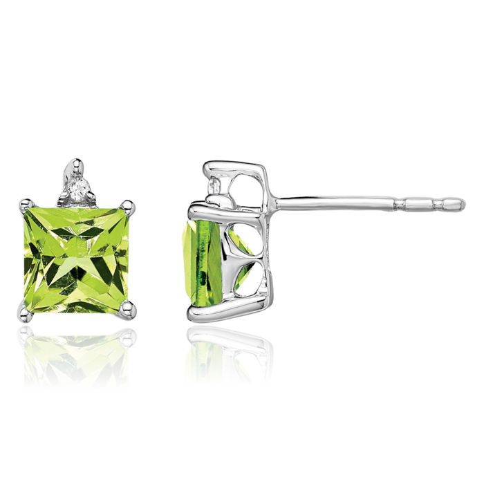 14K Solid White Gold Princess-Cut Square Green Peridot Diamond Studs Gemstone Earrings August Birthstone Jewelry