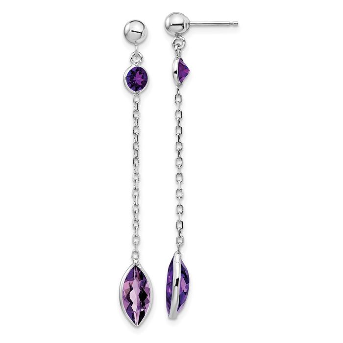 14K Solid White Gold Purple Amethyst Post Drop Dangle Earrings February Birthstone Jewelry