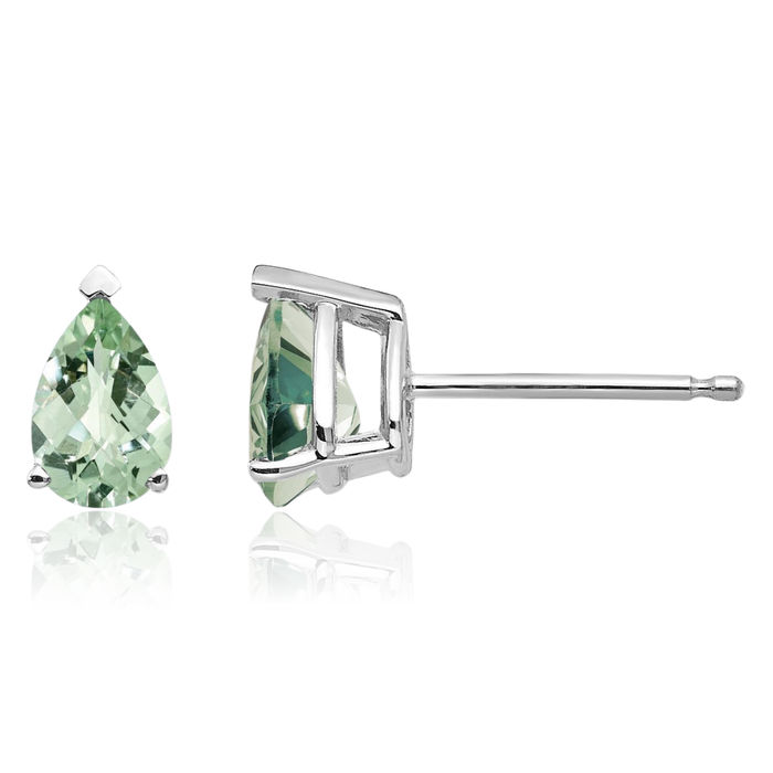 14K Solid White Gold Checker Cut Green Quartz Studs Pear Teardrop Gemstone Solitaire Earrings August Birthstone Jewelry