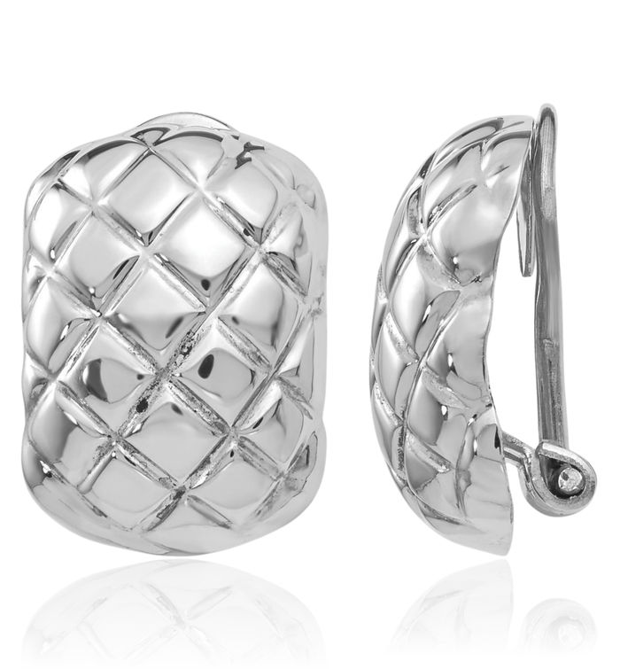 14K Solid White Gold Quilted Non Pierced Clip On Omega Back Post Stud Earrings