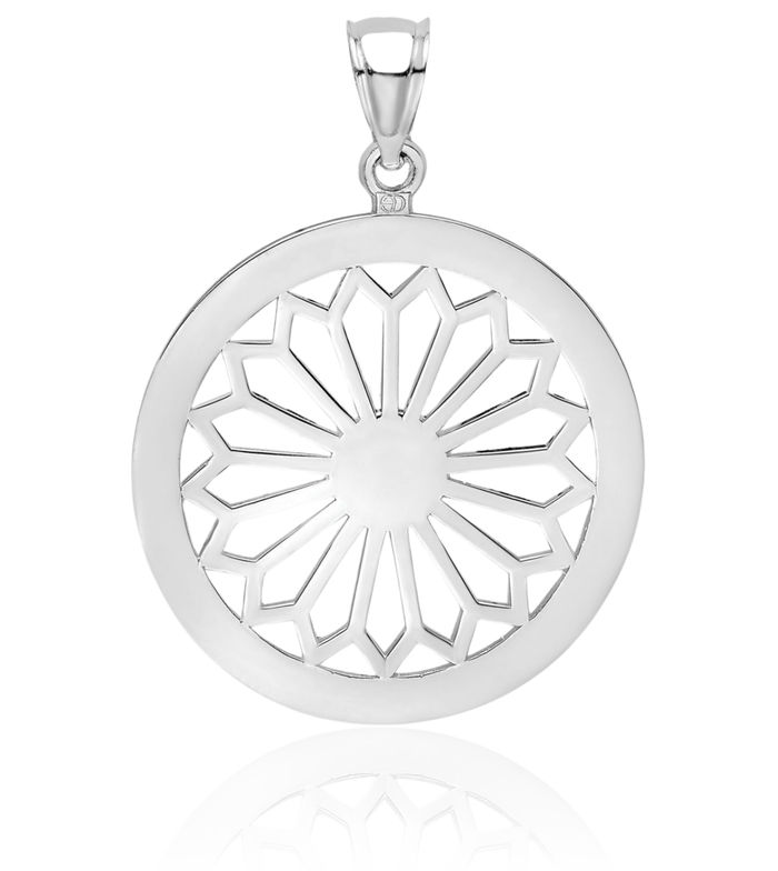 14K Solid White Gold Retro Daisy Flower Round Geometric Necklace Chain Pendant Charm