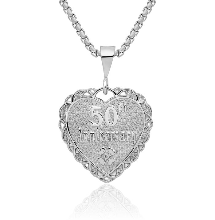 14K Solid White Gold Reversible 50th Anniversary Necklace Chain Pendant Charm