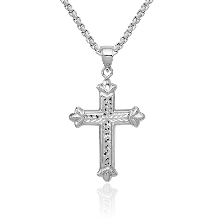 14K Solid White Gold Reversible Holy Cross Necklace Religious Chain Pendant Jesus Christ Charm