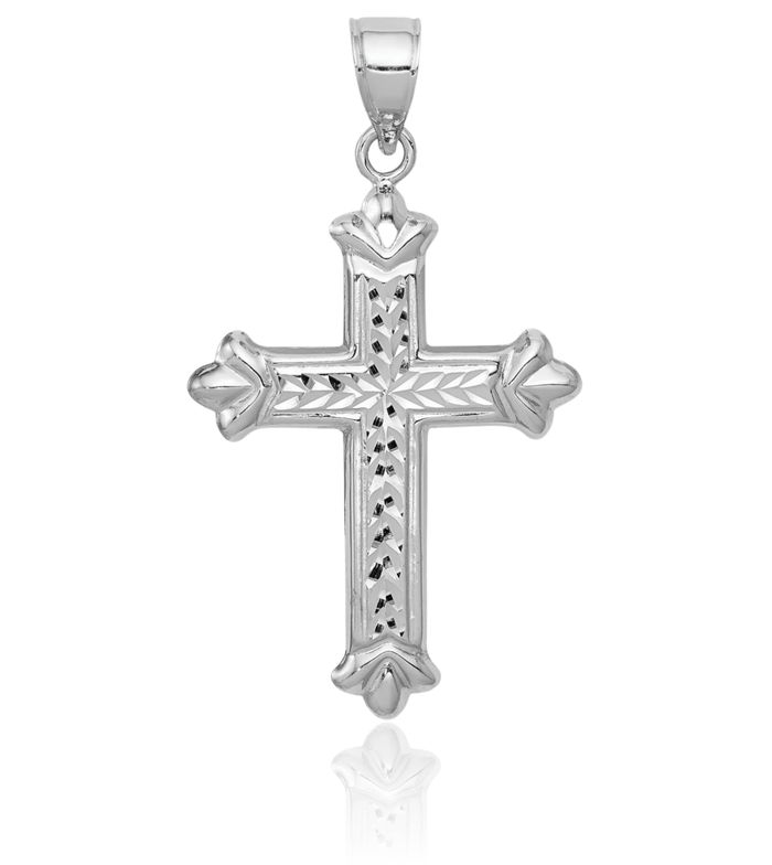 14K Solid White Gold Reversible Holy Cross Necklace Religious Chain Pendant Jesus Christ Charm