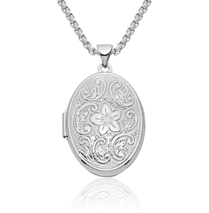 14K Solid White Gold Reversible Flower Oval Personalized Photo Locket Necklace Picture Pendant Charm