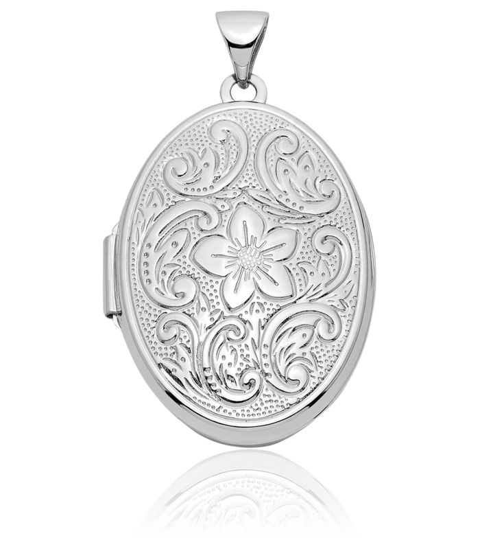 14K Solid White Gold Reversible Flower Oval Personalized Photo Locket Necklace Picture Pendant Charm