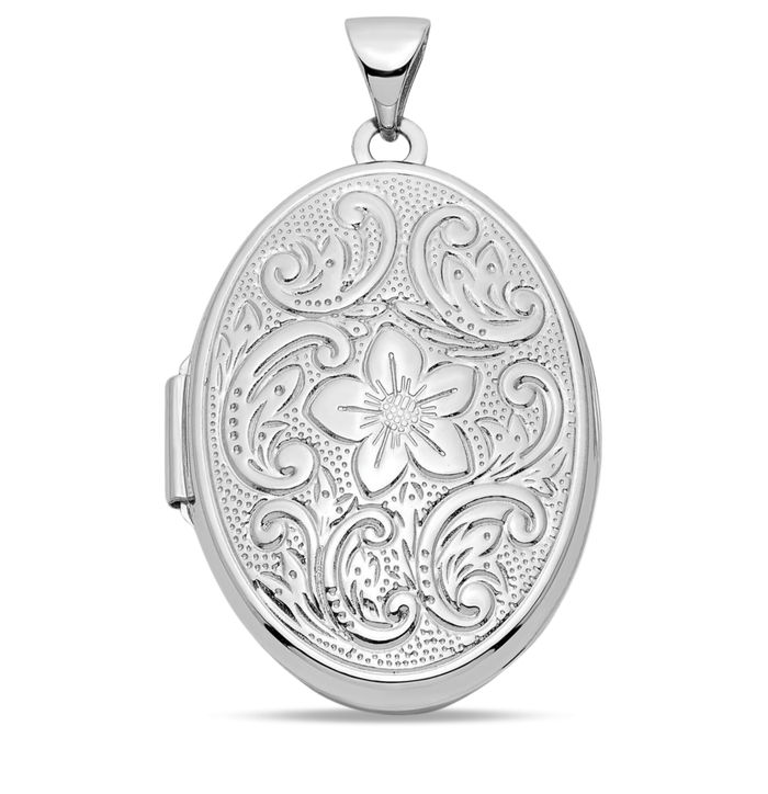 14K Solid White Gold Reversible Flower Oval Personalized Photo Locket Necklace Picture Pendant Charm