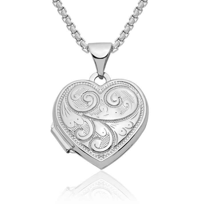 14K Solid White Gold Reversible Heart Personalized Photo Locket Necklace Picture Pendant Charm