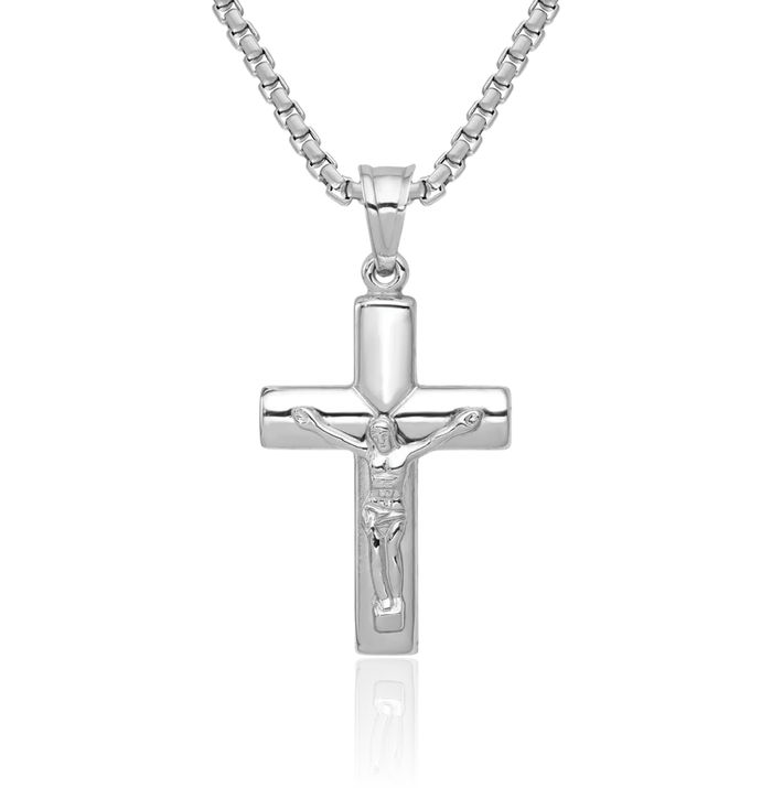 14K Solid White Gold Reversible Lord Jesus Christ Crucifix Latin Mexican Holy Cross Necklace Religious Chain Pendant Charm