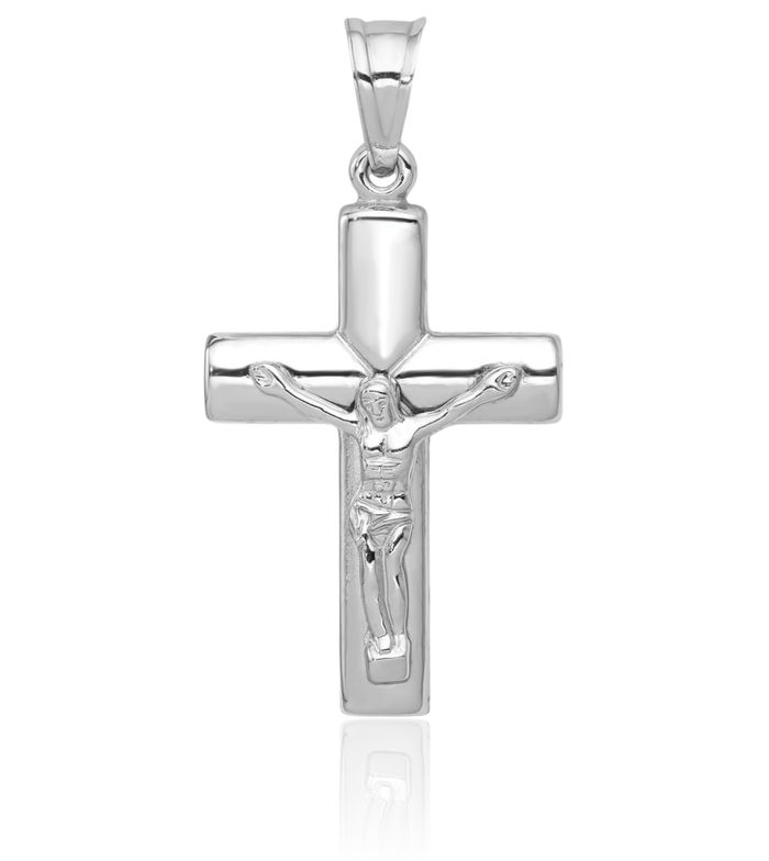 14K Solid White Gold Reversible Lord Jesus Christ Crucifix Latin Mexican Holy Cross Necklace Religious Chain Pendant Charm