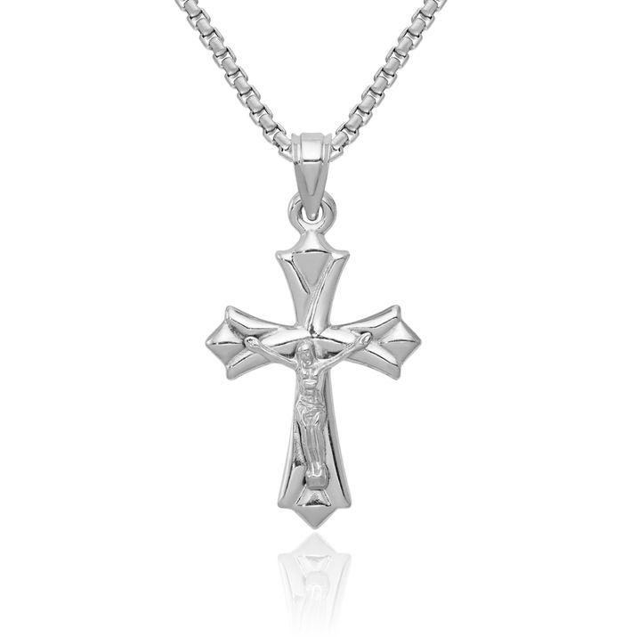 14K Solid White Gold Reversible Lord Jesus Christ Crucifix Holy Cross Necklace Religious Chain Pendant Charm