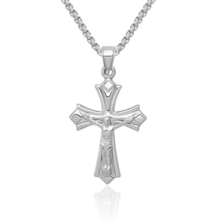 14K Solid White Gold Reversible Lord Jesus Christ Crucifix Holy Cross Necklace Religious Chain Pendant Charm