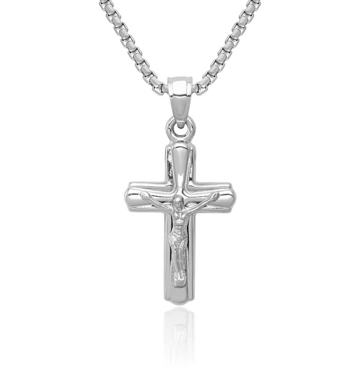 14K Solid White Gold Reversible Lord Jesus Christ Crucifix Latin Mexican Holy Cross Necklace Religious Chain Pendant Charm