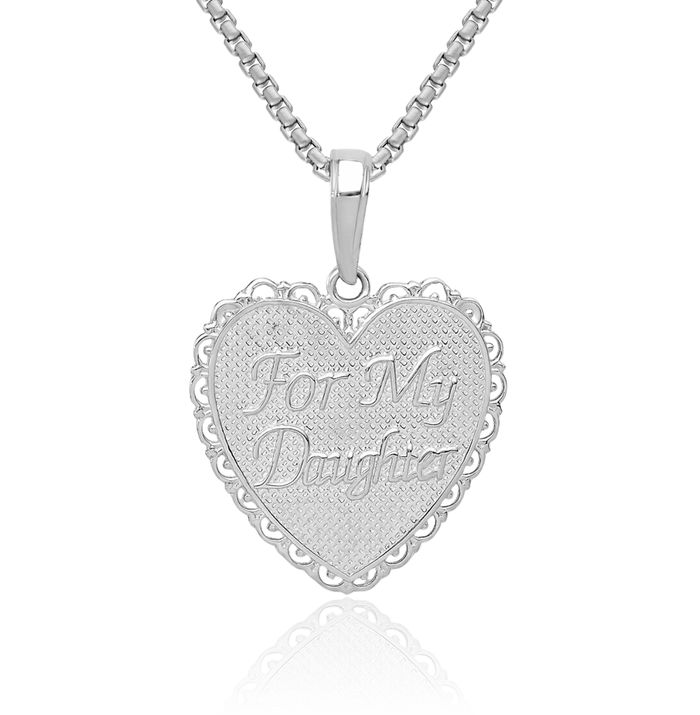 14K Solid White Gold Reversible My Daughter Heart Necklace Love Pendant Charm